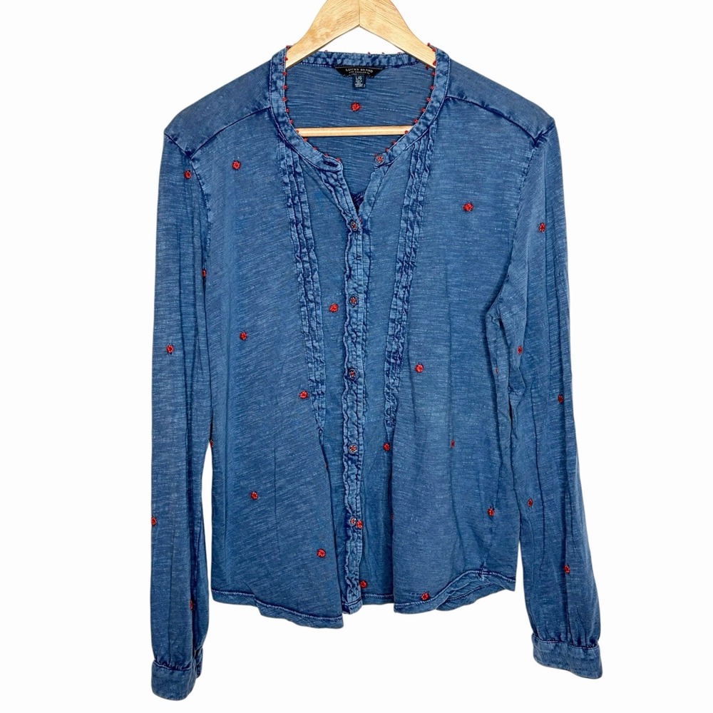 Lucky Brand Embroidered Knit Top Womens L Boho Western Coastal Cowgirl Button Up